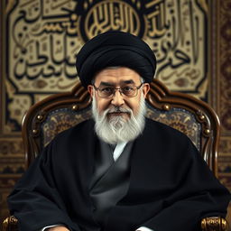 A dignified portrait of Ayatollah Khamenei, depicted with a solemn expression