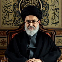 A dignified portrait of Ayatollah Khamenei, depicted with a solemn expression