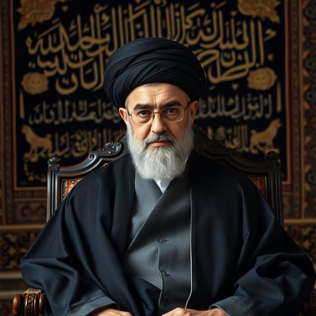 A dignified portrait of Ayatollah Khamenei, depicted with a solemn expression