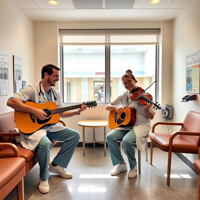 Two male doctors playing guitars and one female doctor playing violin, all wearing scrubs, enjoying a break together in a cozy doctors' resting room