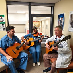 Two male doctors playing guitars and one female doctor playing violin, all wearing scrubs, enjoying a break together in a cozy doctors' resting room