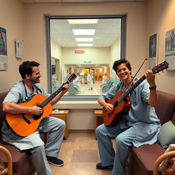 Two male doctors playing guitars and one female doctor playing violin, all wearing scrubs, enjoying a break together in a cozy doctors' resting room