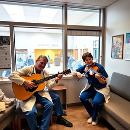 Two male doctors playing guitars and one female doctor playing violin, all wearing scrubs, enjoying a break together in a cozy doctors' resting room