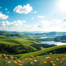 A beautifully designed photo background featuring a serene landscape with rolling green hills under a bright blue sky, scattered fluffy white clouds, and a tranquil lake reflecting the scenery