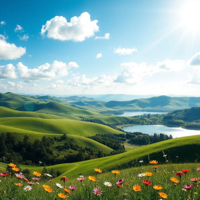 A beautifully designed photo background featuring a serene landscape with rolling green hills under a bright blue sky, scattered fluffy white clouds, and a tranquil lake reflecting the scenery