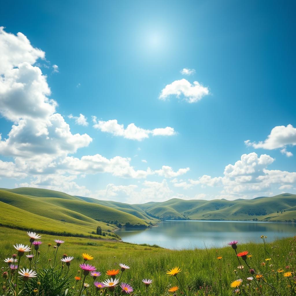 A beautifully designed photo background featuring a serene landscape with rolling green hills under a bright blue sky, scattered fluffy white clouds, and a tranquil lake reflecting the scenery