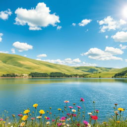 A beautifully designed photo background featuring a serene landscape with rolling green hills under a bright blue sky, scattered fluffy white clouds, and a tranquil lake reflecting the scenery