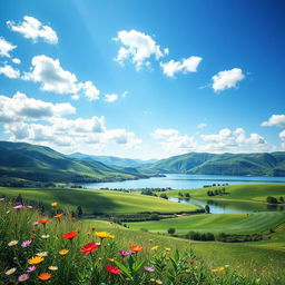 A beautifully designed photo background featuring a serene landscape with rolling green hills under a bright blue sky, scattered fluffy white clouds, and a tranquil lake reflecting the scenery