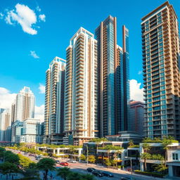 A vibrant cityscape featuring stunning residential towers alongside towering skyscrapers, showcasing large commercial enterprises