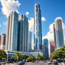 A vibrant cityscape featuring stunning residential towers alongside towering skyscrapers, showcasing large commercial enterprises