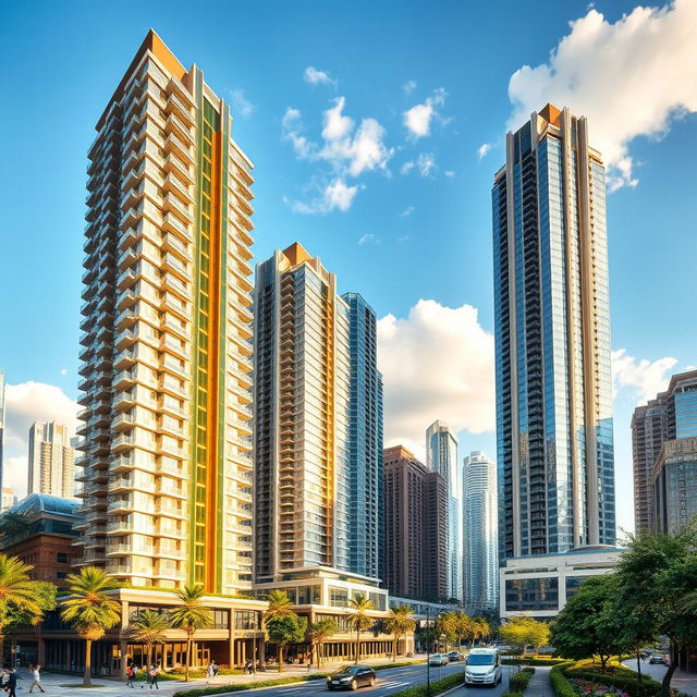 A vibrant cityscape featuring stunning residential towers alongside towering skyscrapers, showcasing large commercial enterprises