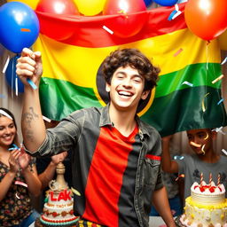 A young man celebrating his birthday while holding a revolutionary flag, smiling joyfully