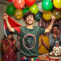 A young man celebrating his birthday while holding a revolutionary flag, smiling joyfully