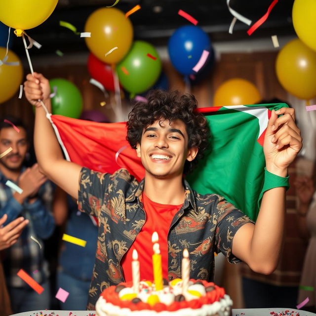 A young man celebrating his birthday while holding a revolutionary flag, smiling joyfully