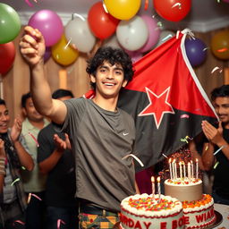 A young man celebrating his birthday while holding a revolutionary flag, smiling joyfully