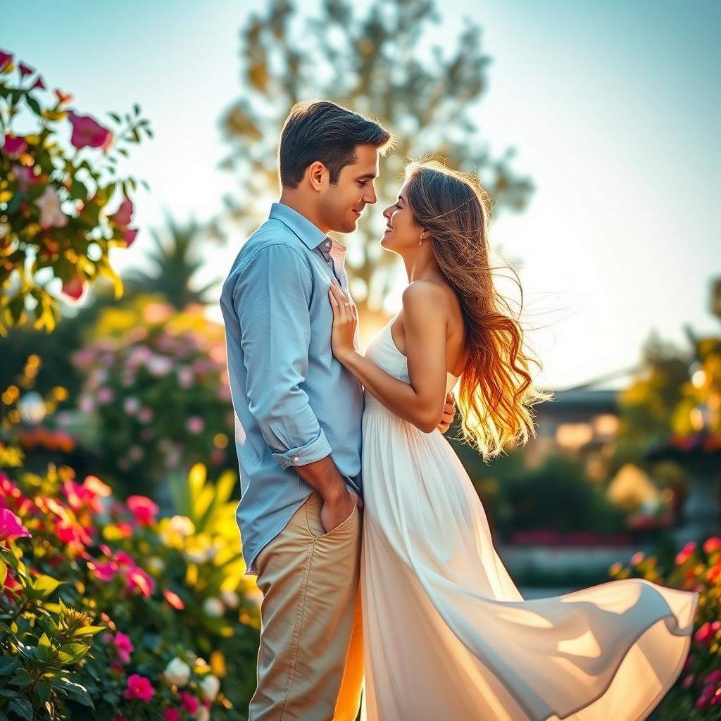 A romantic couple standing close together in a lush, blooming garden during golden hour