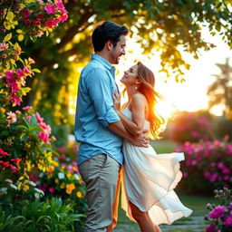 A romantic couple standing close together in a lush, blooming garden during golden hour
