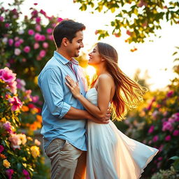 A romantic couple standing close together in a lush, blooming garden during golden hour