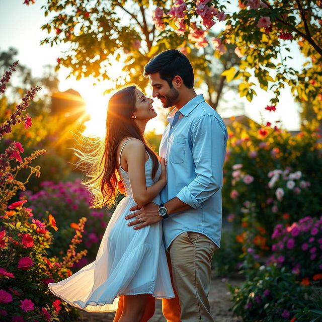 A romantic couple standing close together in a lush, blooming garden during golden hour