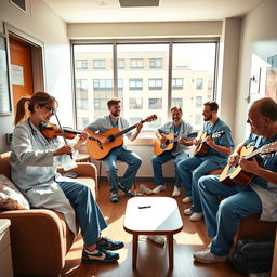 A lively scene depicting a group of emergency doctors taking a break in a doctors' rest room