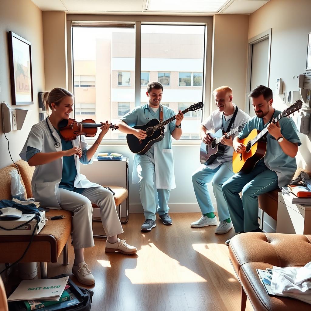 A lively scene depicting a group of emergency doctors taking a break in a doctors' rest room