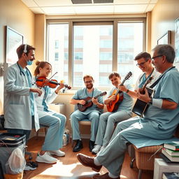 A lively scene depicting a group of emergency doctors taking a break in a doctors' rest room