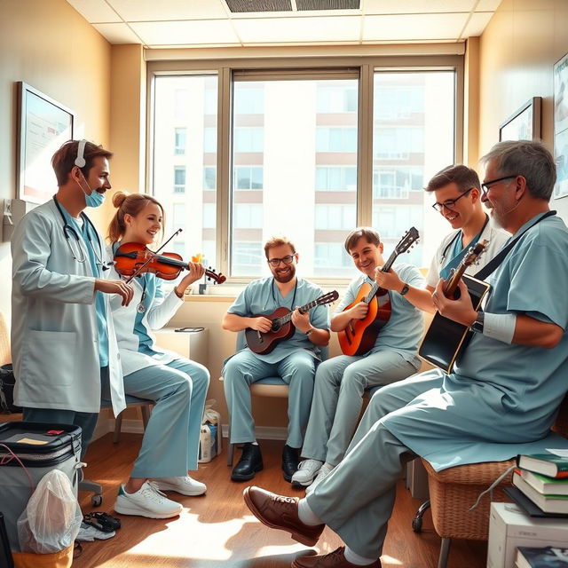 A lively scene depicting a group of emergency doctors taking a break in a doctors' rest room