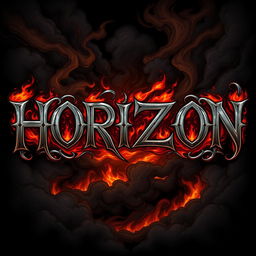 An illustration featuring the phrase 'HORIZON' in bold, metal-style typography, interspersed with intricate designs of flames and shadows, set against a dark, hellish background that evokes a sense of depth and menace