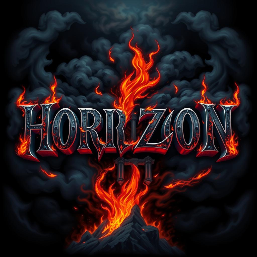 An illustration featuring the phrase 'HORIZON' in bold, metal-style typography, interspersed with intricate designs of flames and shadows, set against a dark, hellish background that evokes a sense of depth and menace