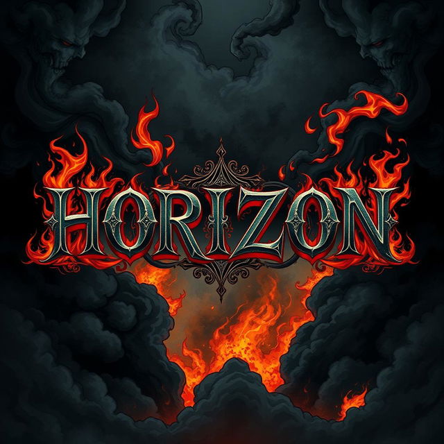 An illustration featuring the phrase 'HORIZON' in bold, metal-style typography, interspersed with intricate designs of flames and shadows, set against a dark, hellish background that evokes a sense of depth and menace