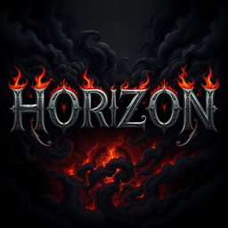 An illustration featuring the phrase 'HORIZON' in bold, metal-style typography, interspersed with intricate designs of flames and shadows, set against a dark, hellish background that evokes a sense of depth and menace
