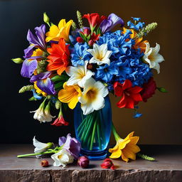 An exquisite oil painting capturing a full-view bouquet of iris, Alstroemeria, Allium, and Delphinium flowers presented in a stunning blue glass vase