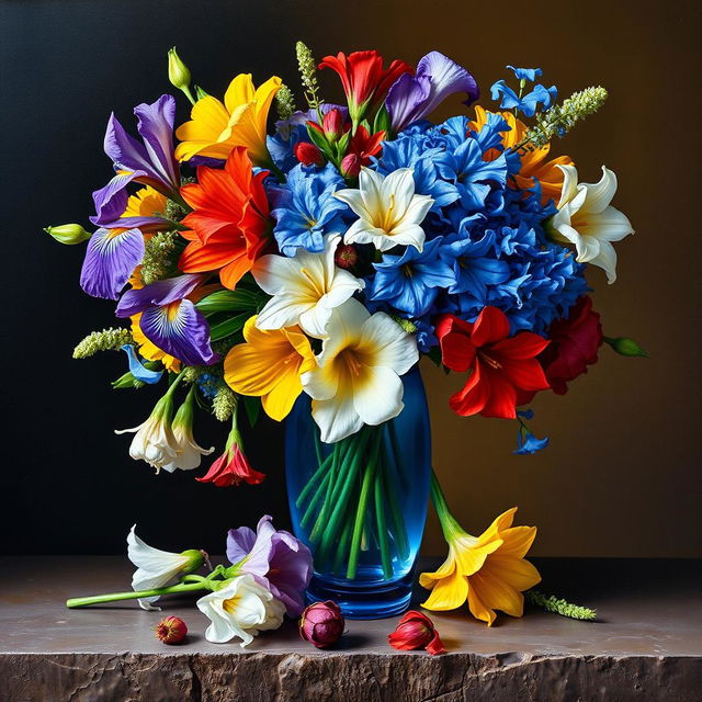 An exquisite oil painting capturing a full-view bouquet of iris, Alstroemeria, Allium, and Delphinium flowers presented in a stunning blue glass vase