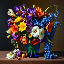 An exquisite oil painting capturing a full-view bouquet of iris, Alstroemeria, Allium, and Delphinium flowers presented in a stunning blue glass vase