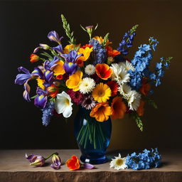 An exquisite oil painting capturing a full-view bouquet of iris, Alstroemeria, Allium, and Delphinium flowers presented in a stunning blue glass vase