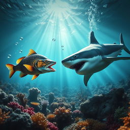 A dramatic underwater scene featuring a fish hunting a shark, showcasing the intense action of predation