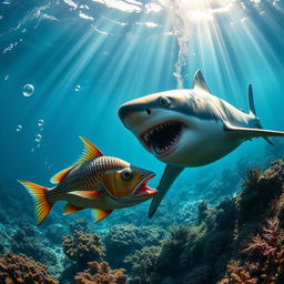 A dramatic underwater scene featuring a fish hunting a shark, showcasing the intense action of predation