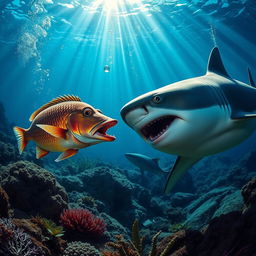 A dramatic underwater scene featuring a fish hunting a shark, showcasing the intense action of predation