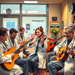 A lively scene depicting a group of emergency doctors taking a break in their cozy doctor's lounge
