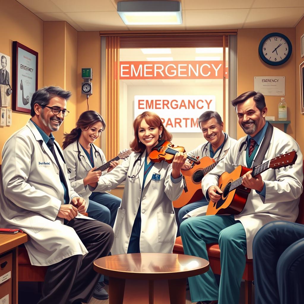 A lively scene depicting a group of emergency doctors taking a break in their cozy doctor's lounge