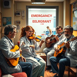 A lively scene depicting a group of emergency doctors taking a break in their cozy doctor's lounge