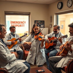A lively scene depicting a group of emergency doctors taking a break in their cozy doctor's lounge