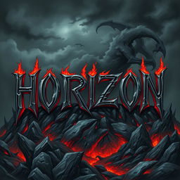 An intricate illustration featuring metal style lettering that spells out "HORIZON" in a dark, hellish theme