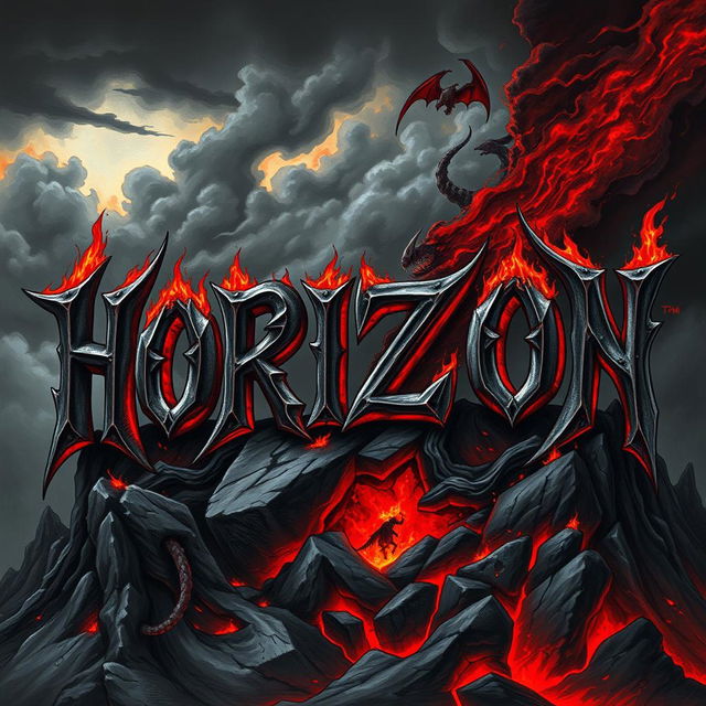 An intricate illustration featuring metal style lettering that spells out "HORIZON" in a dark, hellish theme