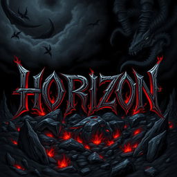 An intricate illustration featuring metal style lettering that spells out "HORIZON" in a dark, hellish theme