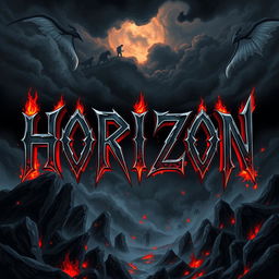 An intricate illustration featuring metal style lettering that spells out "HORIZON" in a dark, hellish theme