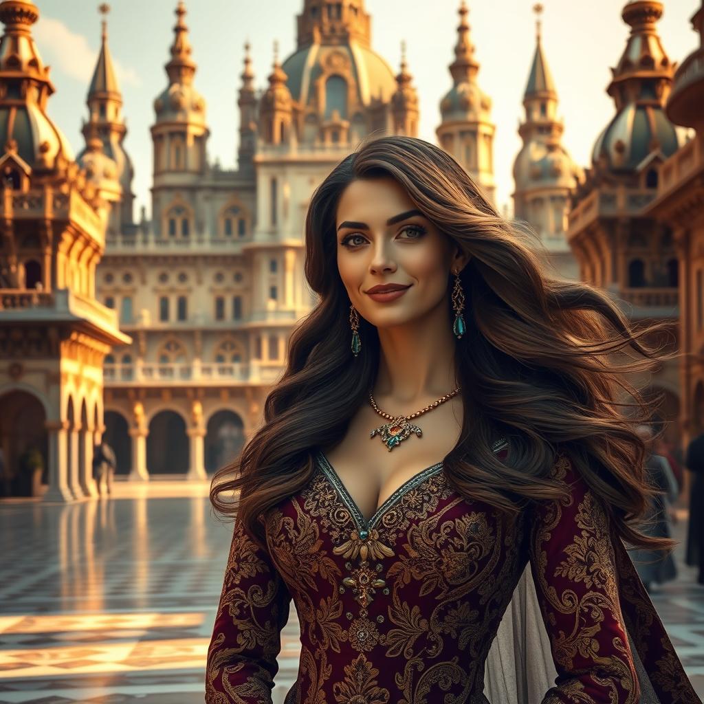 A grand palace as the backdrop, featuring intricate architecture with towering spires and elegant details, bathed in soft golden light