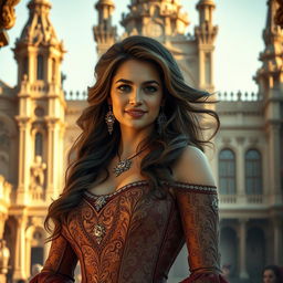 A grand palace as the backdrop, featuring intricate architecture with towering spires and elegant details, bathed in soft golden light