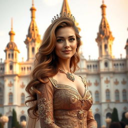 A grand palace as the backdrop, featuring intricate architecture with towering spires and elegant details, bathed in soft golden light