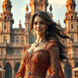 A grand palace as the backdrop, featuring intricate architecture with towering spires and elegant details, bathed in soft golden light